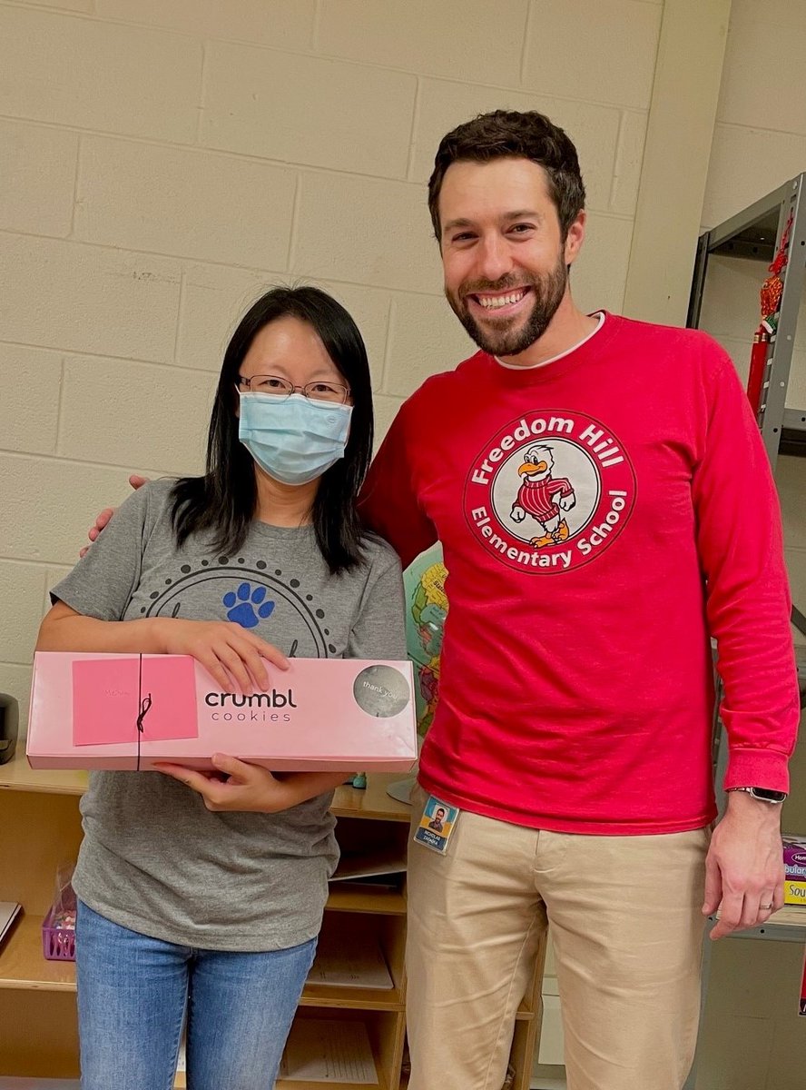 MQian21's tweet photo. A surprise visit from my former principal! Thank you so much @DrZapadka for the special visit at Haycock ES and the best cookies! 🍪🎁 https://t.co/0WQuTZKjoO