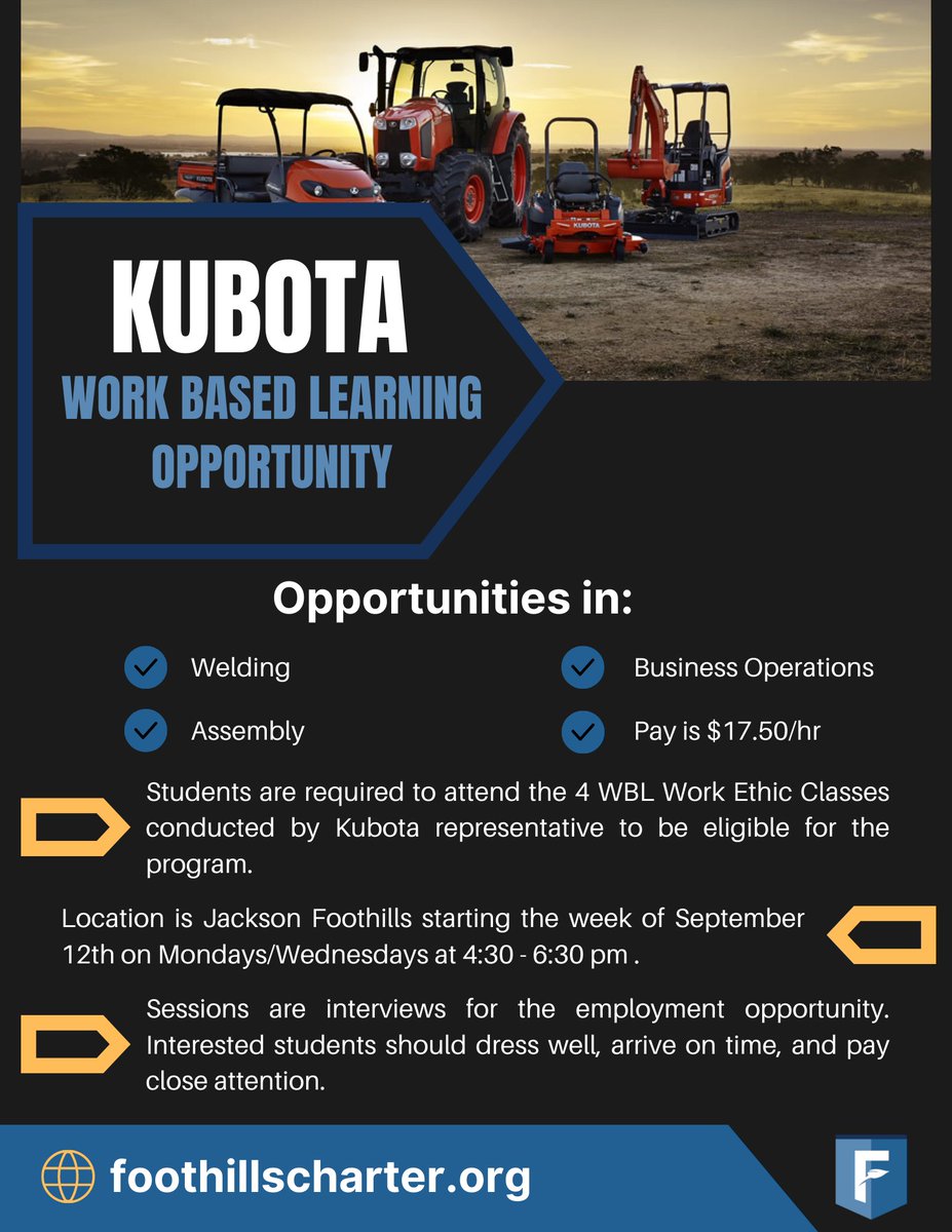 Foothills offers students specialized classes that will give them a jump-start on their careers. 

Kubota is offering a Work-Based Learning opportunity beginning September 19th!
