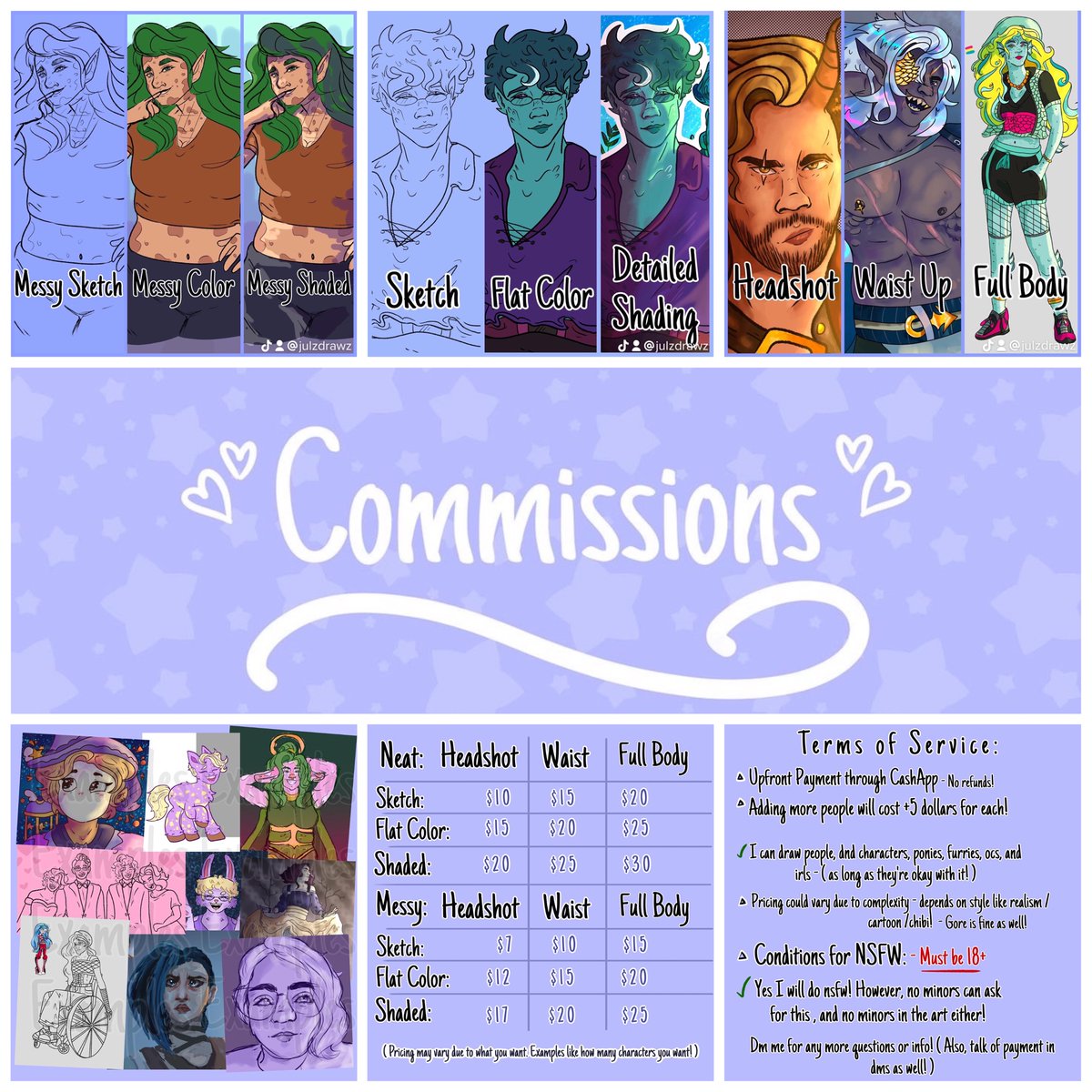 I’m opening up commissions! Please scroll to see my prices and examples! If you have any more questions please let me know. Dm me if you are interested! ( Please share this if you can! ) 💜 #art #artcommission #commissionsopen #dnd #monsterhigh #mlp #commisionart