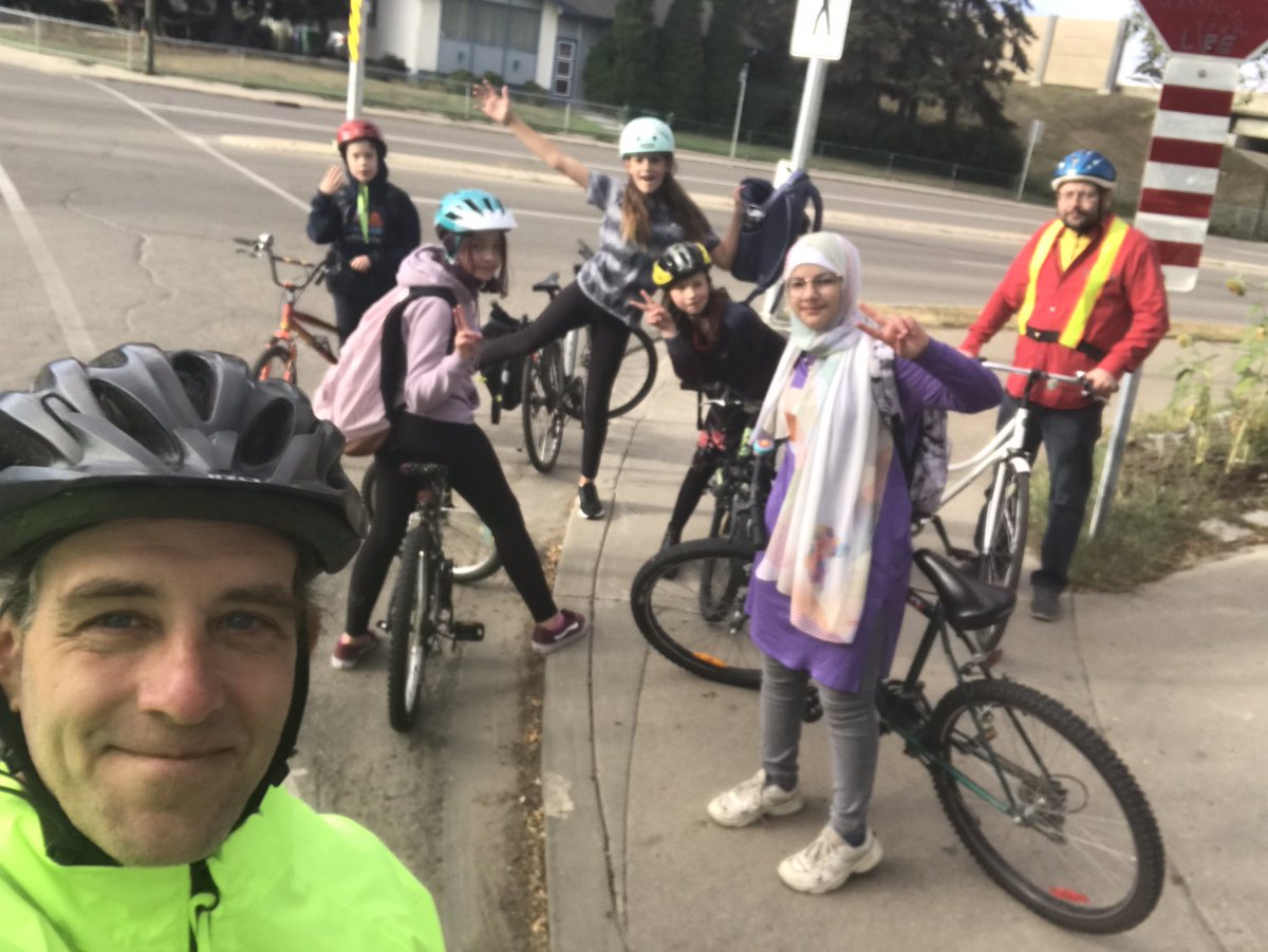 kent_ritchie's tweet photo. It felt great to bike to school with this group of kids who joined the Bike Bus this fall. We ride until the snow hits the ground! Happy cycling and stay active, everyone. #activetransportation #Move2Grow #offthebusonthebike https://t.co/TOkPvToUKk