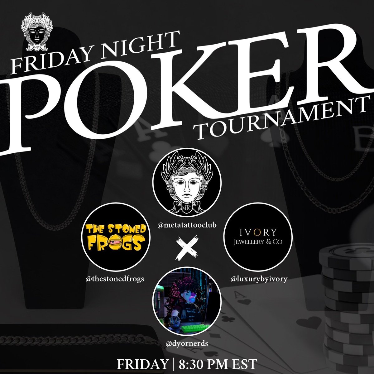 We got close to $1000 worth of prizes tonight! 🔥

Come tune in and play some poker with us. 

Extra bonus for tuning into Spaces at the time of the tournament. 

Big thank you to all our sponsors for this event! 🚀

<a href="/TheStonedFrogs/">The Stoned Frogs</a> <a href="/LuxuryByIvory/">Luxury By Ivory {💎}</a> <a href="/DYORNERDS/">D.Y.O.R. NERDS {404}</a>  <a href="/MetaTattooClub/">MTC | #LGFI 🏛</a>