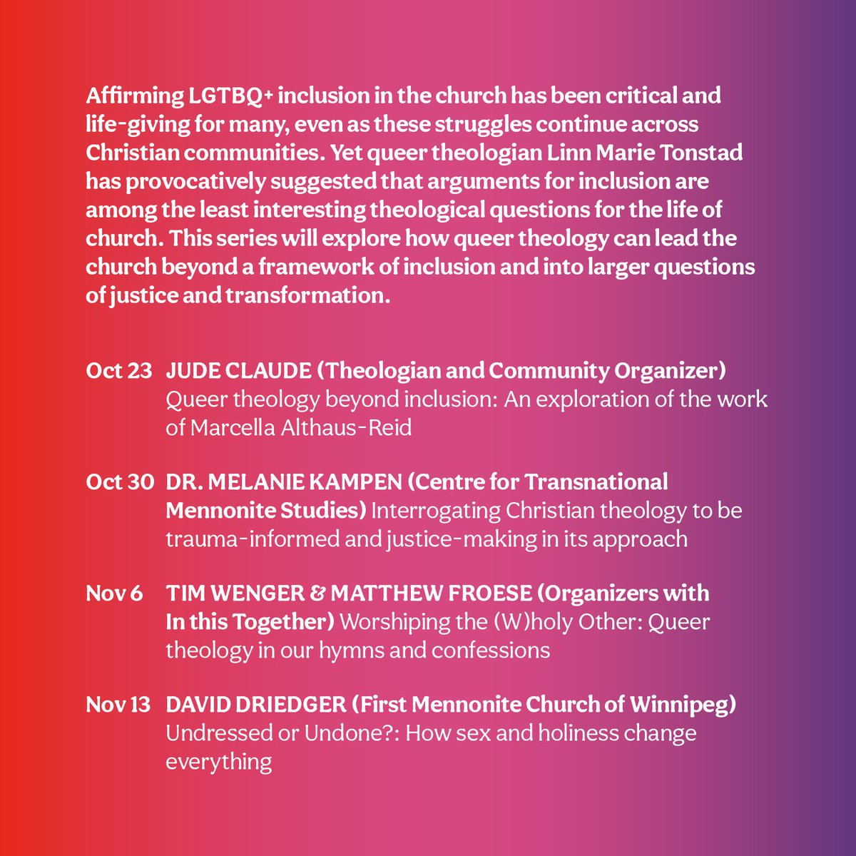 David_Driedger's tweet photo. Very pleased to start advertising this event that has been in works for a while.
In person and live streamed.
Graphic design by @Jondrewdyck 
Sessions by Jude Claude, Melanie Kampen, @Matthew_Froese, @Queer_Menno and @David_Driedger. https://t.co/Frs6zmMywx