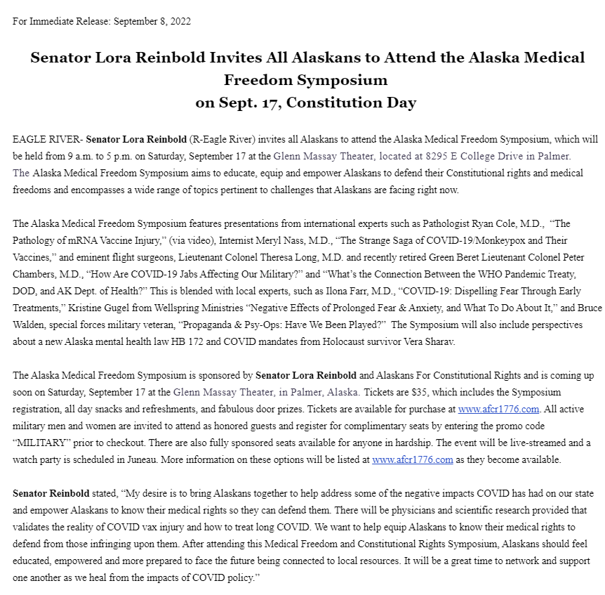 mattbuxton's tweet photo. Last night, soon-to-be-former Eagle River Sen. Lora Reinbold sent out a news release inviting people to attend the "Alaska Medical Freedom Symposium" for another round of covid-19 and monkeypox conspiracy.

It also has a $35 entrance fee. 

Why's this coming from the #akleg? https://t.co/Dr6lgigyQS