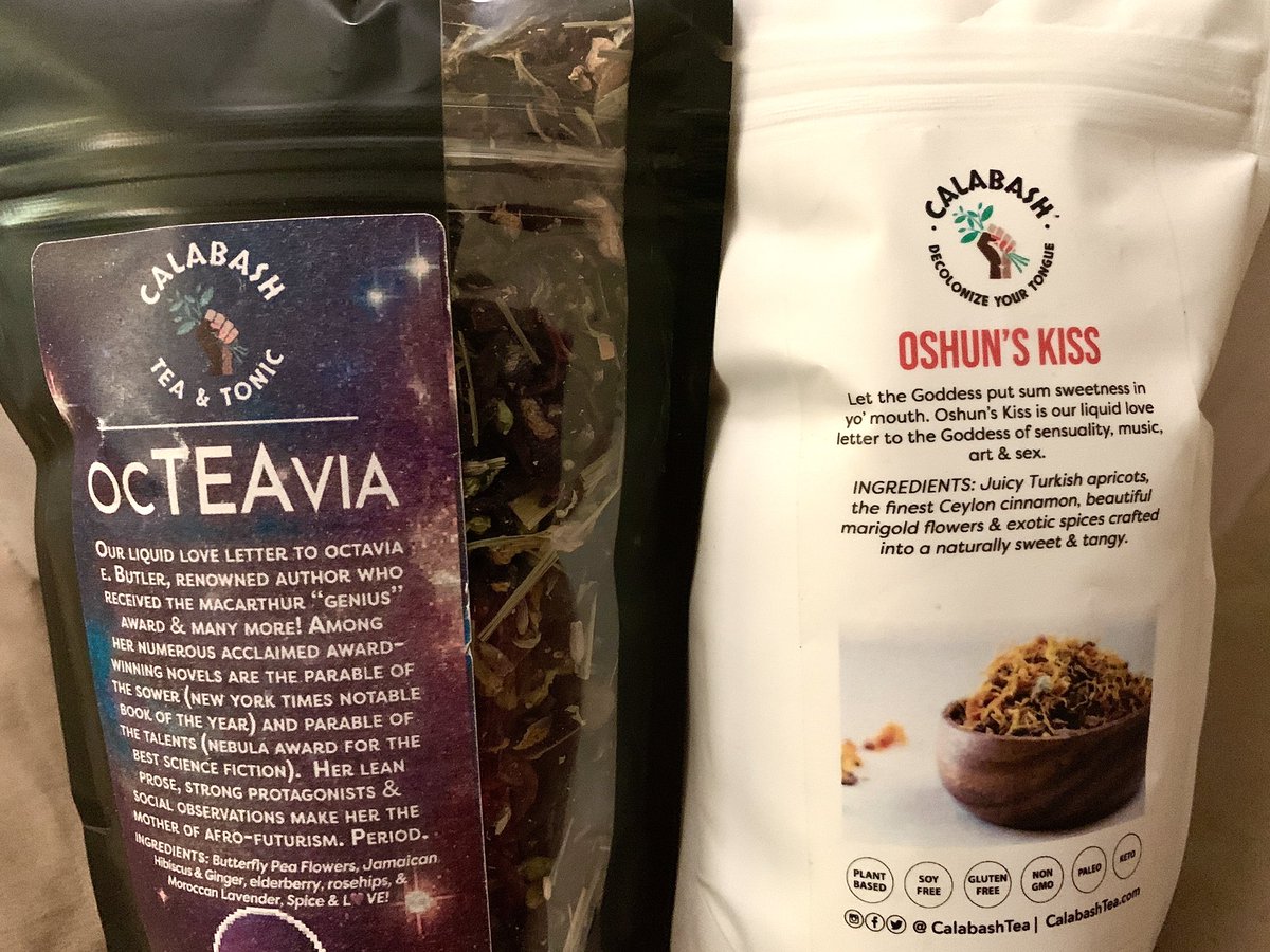 Finally got some OcTEAvia from <a href="/SunyattaAmen/">Herb Nerd</a>'s <a href="/Calabashtea/">CALABASH™️</a>, which I'm sipping in my <a href="/OctaviaEButler/">Octavia E. Butler</a> mug from <a href="/AyanaAHJ/">Ayana A. H. Jamieson</a>'s <a href="/OEBLegacy/">OEB Legacy Network</a> 🙌🏾💫✨ Look at that rich purple color! 💜🤩

Also got some Oshun's Kiss tea because 😏😉💛🌻