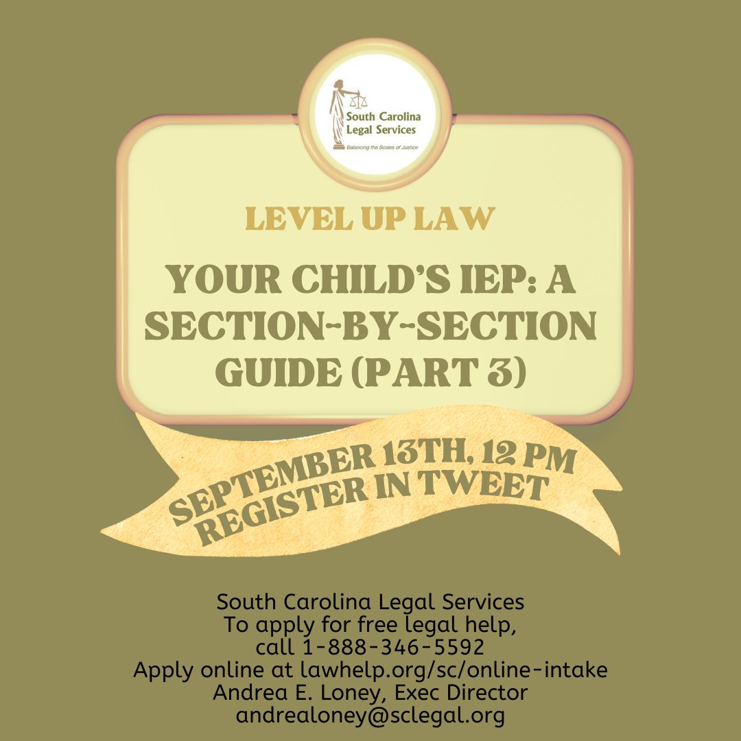 sclegalservices's tweet photo. Join us Tuesday at noon for our next episode of Level Up Law!

We'll be wrapping up our IEP series with part 3 of the step by step guide to understanding your student's IEP.

Register for free: https://t.co/Z2Fx00THtR 

Check out the Part 1 &amp; Part 2 here: https://t.co/CVqqzlkJOG https://t.co/pHcQzuGj23