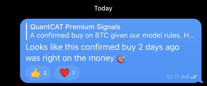 QuantCATmodel's tweet photo. We always say, “trust the model.” This beautiful confirmed buy signal on $BTC came just before this recent price jump. The model is a better tool than emotions or guessing about market sentiment. https://t.co/6D2j4Jtqpb