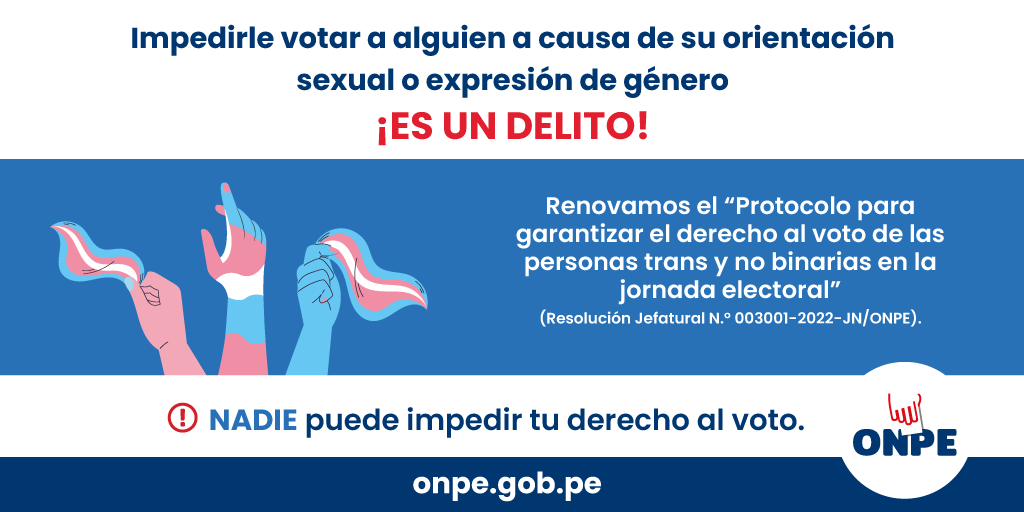 ONPE_oficial's tweet photo. #ProtocoloTransyNoBinario 🗳️🏳️‍⚧️ | Este 2 de octubre, garantizaremos el derecho al voto de todas, todos y todes en igualdad de condiciones y libre de discriminación. #ERM2022 https://t.co/5WnobM1U4E