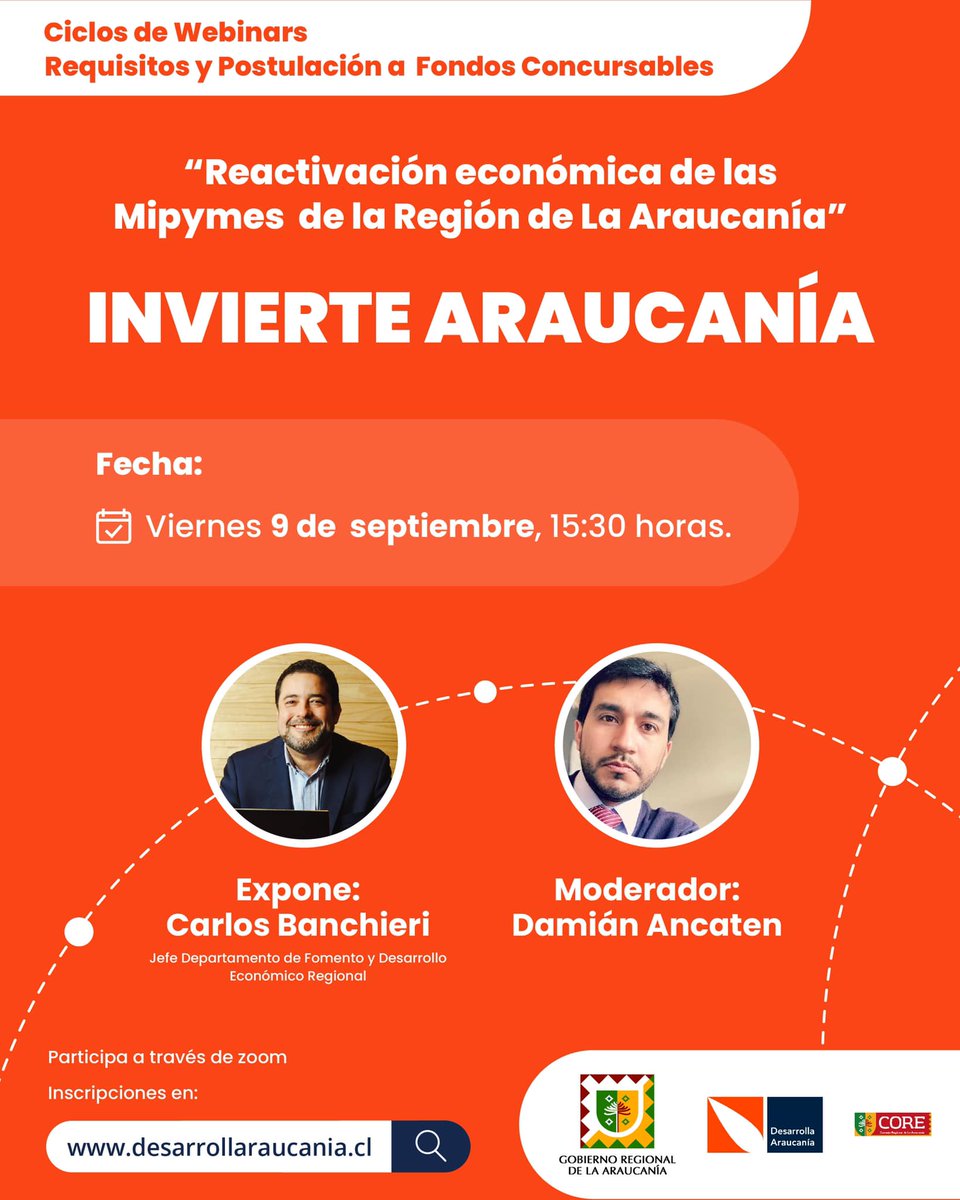 📌A partir de las 15: 30 horas te invitamos a participar del Fondo Concursable de Reactivación Económica para Micro, Pequeñas y Medianas empresas, Araucanía Invierte, en que se entregarán antecedentes sobre los requisitos.
📌Te esperamos aquí: us02web.zoom.us/j/89679862278...