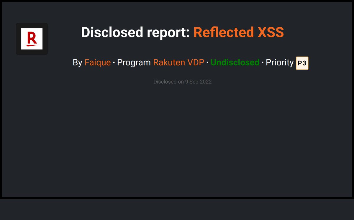 Bcdisclosed's tweet photo. Rakuten VDP disclosed a submission reported by Faique on @Bugcrowd !
https://t.co/ykP8HJCTlK
  #Bugcrowd #bugbounty https://t.co/zLyfm2o1Io