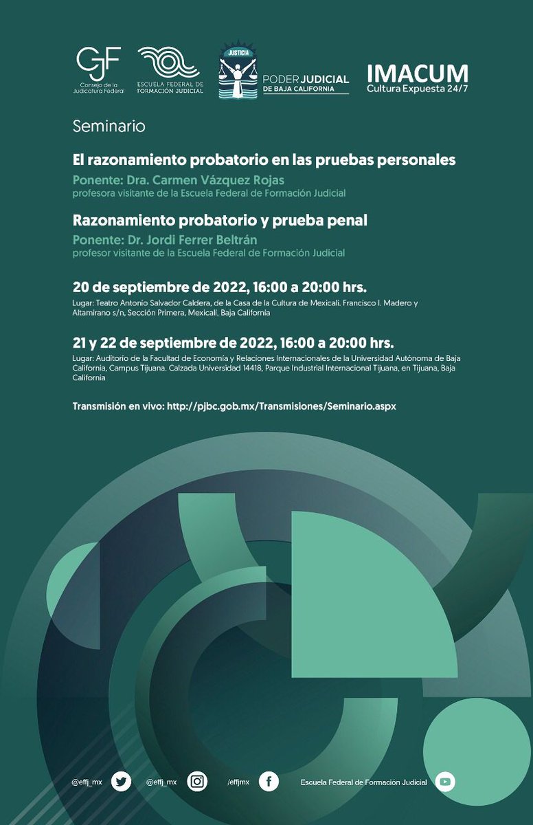 ENFJ_mx's tweet photo. ¿Estás en #BajaCalifornia?

Súmate al Seminario

🟢 El razonamiento probatorio en las pruebas personales | @macavaro17

🟢 Razonamiento probatorio y prueba penal | @jferrerbeltran

📅20SEP -📍#Mexicali

📅21 y 22 SEP -📍#Tijuana

 Inscripciones a partir del lunes 12 de septiembre https://t.co/4X9ZeRYrw7