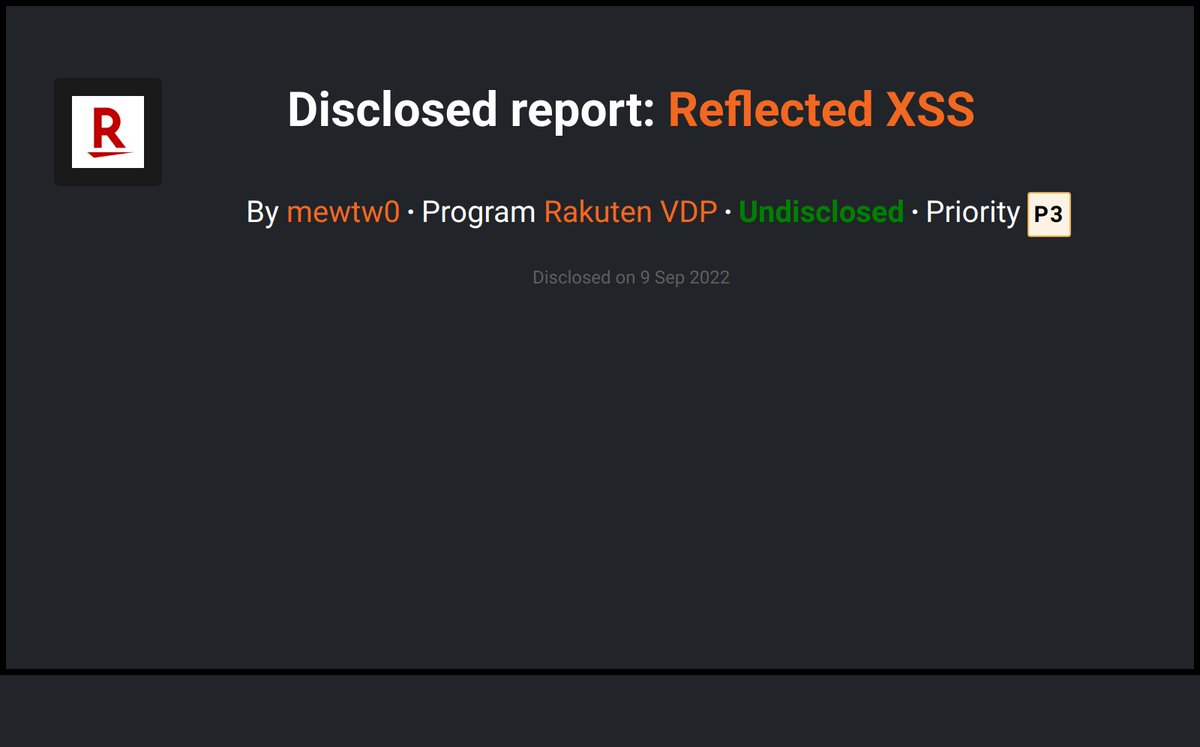 Bcdisclosed's tweet photo. Rakuten VDP disclosed a submission reported by mewtw0 on @Bugcrowd !
https://t.co/A8zmu0NtG9
  #Bugcrowd #bugbounty https://t.co/b6wuXJWcVr