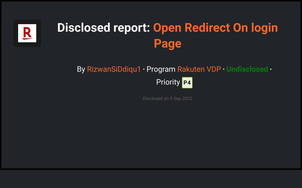 Bcdisclosed's tweet photo. Rakuten VDP disclosed a submission reported by RizwanSiDdiqu1 on @Bugcrowd !
https://t.co/pXE3aE3fgR
  #Bugcrowd #bugbounty https://t.co/p3i7vPLLSn