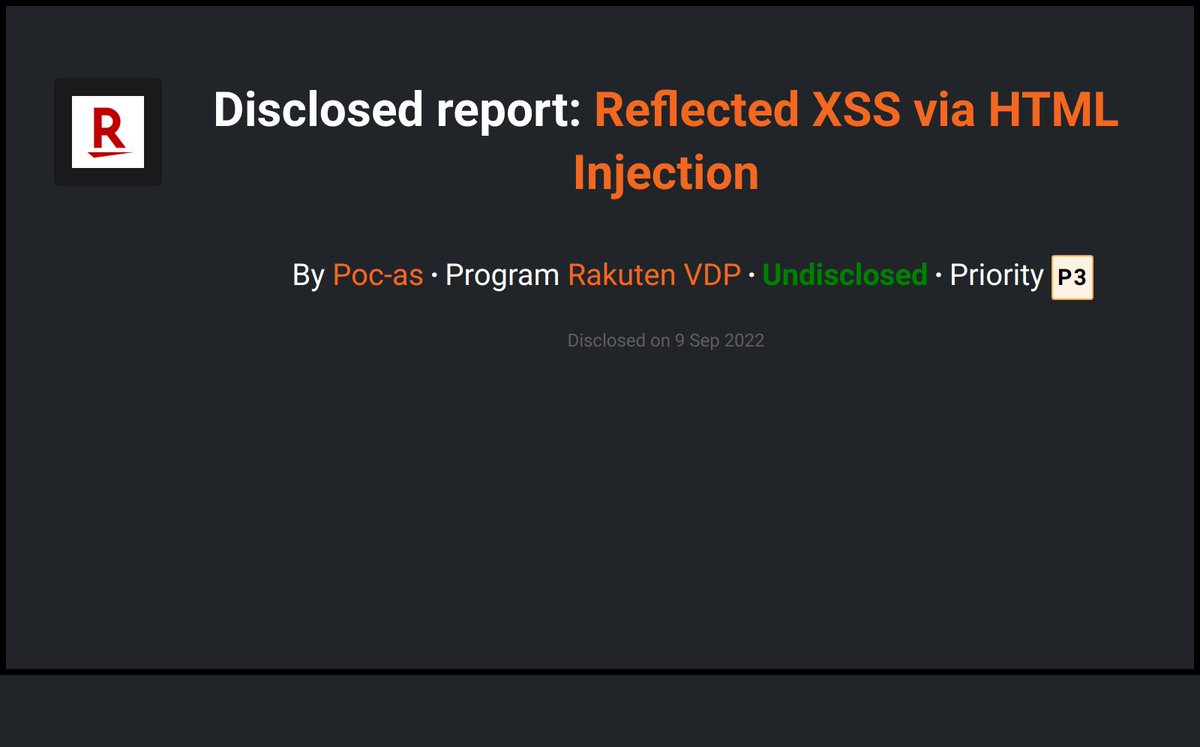Bcdisclosed's tweet photo. Rakuten VDP disclosed a submission reported by Poc-as on @Bugcrowd !
https://t.co/useC079lRr
  #Bugcrowd #bugbounty https://t.co/p1ymFc0jtg