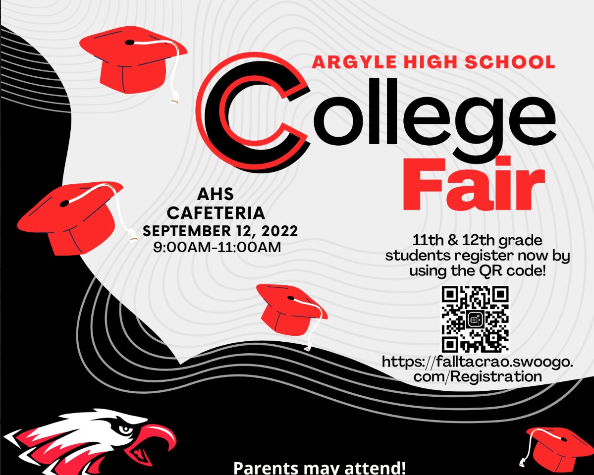 ArgyleISD's tweet photo. The Argyle High School College Fair is coming Monday, Sept. 12. Juniors and Seniors can register now using the QR code! π¦
#SoaringHigher | #ArgyleHighSchool https://t.co/yfM8fO7H36