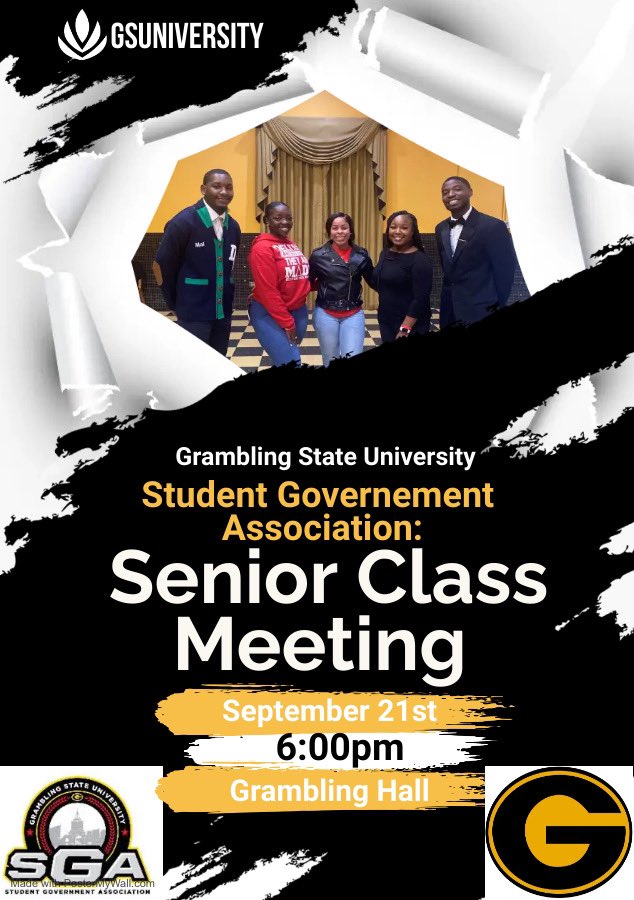 Grambling_SGA's tweet photo. Greetings #GramFam23 🥳on behalf of your Senior Class Cabinet, we are pleased to announce our first class meeting will be held Sept 21.  @6:00pm in Grambling Hall.

We will be giving out the 1st set of #GramFam23 class shirts and discussing: The Road 2 Graduation. See you there! https://t.co/XBVgDye6H3