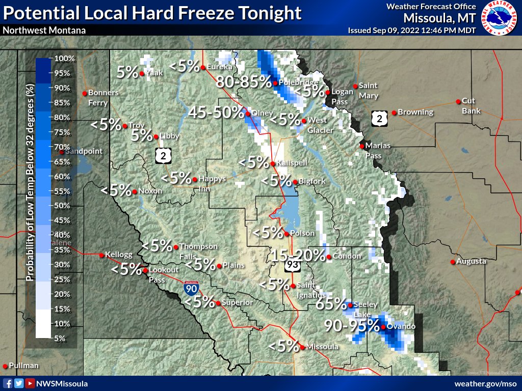 NWSMissoula's tweet photo. Here are the probabilities of a hard freeze tonight:
95% #Clearwater to #Ovando #Potomac
85% #Polebridge #ElkCity #Dixie
80% #Avon #Leadore west of #Anaconda
65% #SeeleyLake #Philipsburg
50% #Olney #Sula
#mtwx #idwx https://t.co/qQ4C5ybrsg