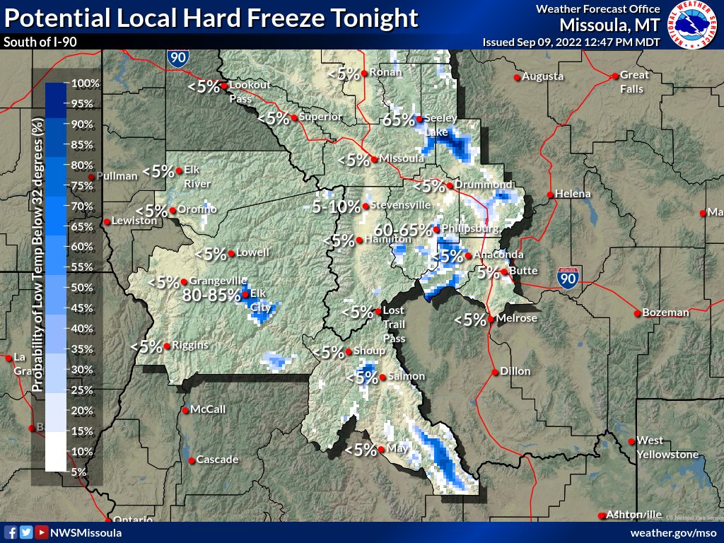 NWSMissoula's tweet photo. Here are the probabilities of a hard freeze tonight:
95% #Clearwater to #Ovando #Potomac
85% #Polebridge #ElkCity #Dixie
80% #Avon #Leadore west of #Anaconda
65% #SeeleyLake #Philipsburg
50% #Olney #Sula
#mtwx #idwx https://t.co/qQ4C5ybrsg