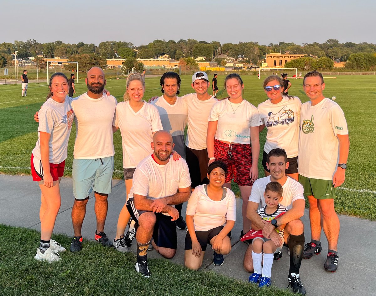 UNMC_NeuroSurg's tweet photo. Yesterday the neurosurgery soccer team Cereb-ballers took on the might of the @EntUnmc team in the @unmc intramural league. We don’t feel ready to share the final score, so here’s the official pre-match portrait with our team looking happy instead. https://t.co/kY0G1IOlV9