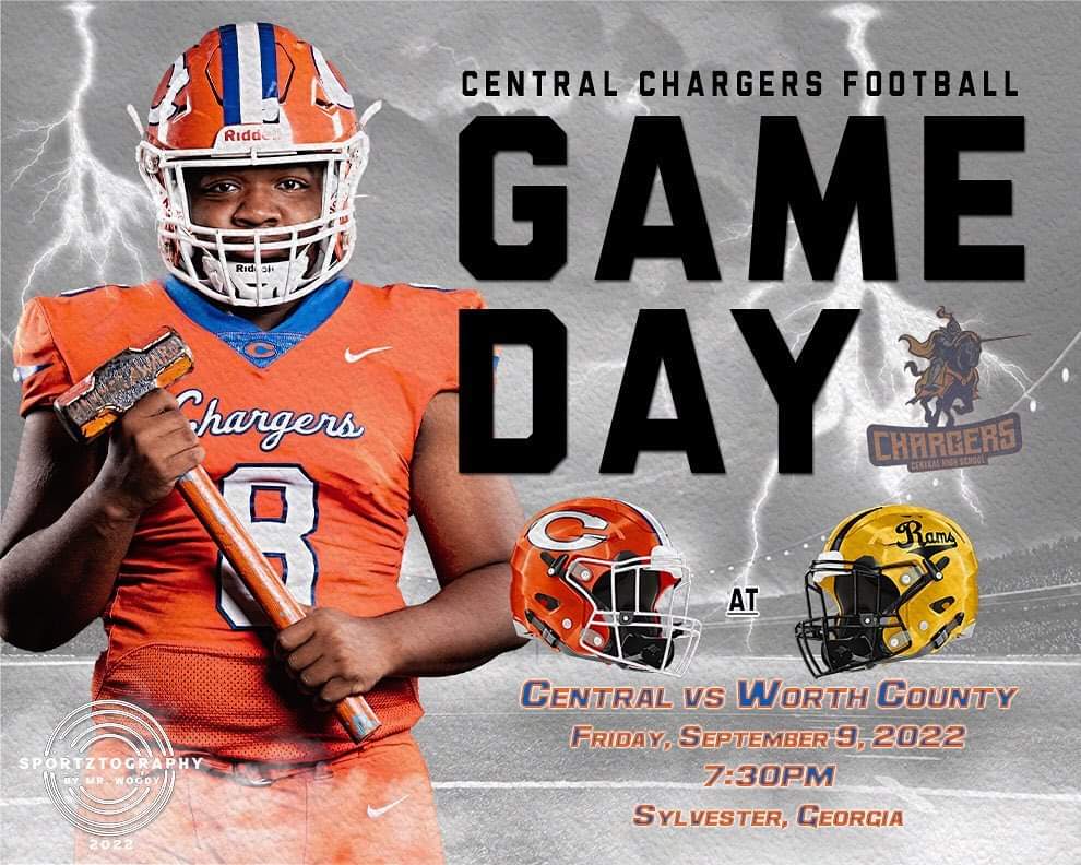 Central Chargers Gameday
vs Worth County 
📍 Mitt Miller Field, Sylvester 
⏰7:30
🎟️$10 at the Gate
Captains: #7 D. Williams, #8 C. Heard, #9 J. Darden, #52 N. Osazuwa
Helmet: 🟠
Jersey: ⚪
Pants: 🔵
#LetsRide #CutTheCheck #BeatWorth #StewarshipScholarshipSportmanship