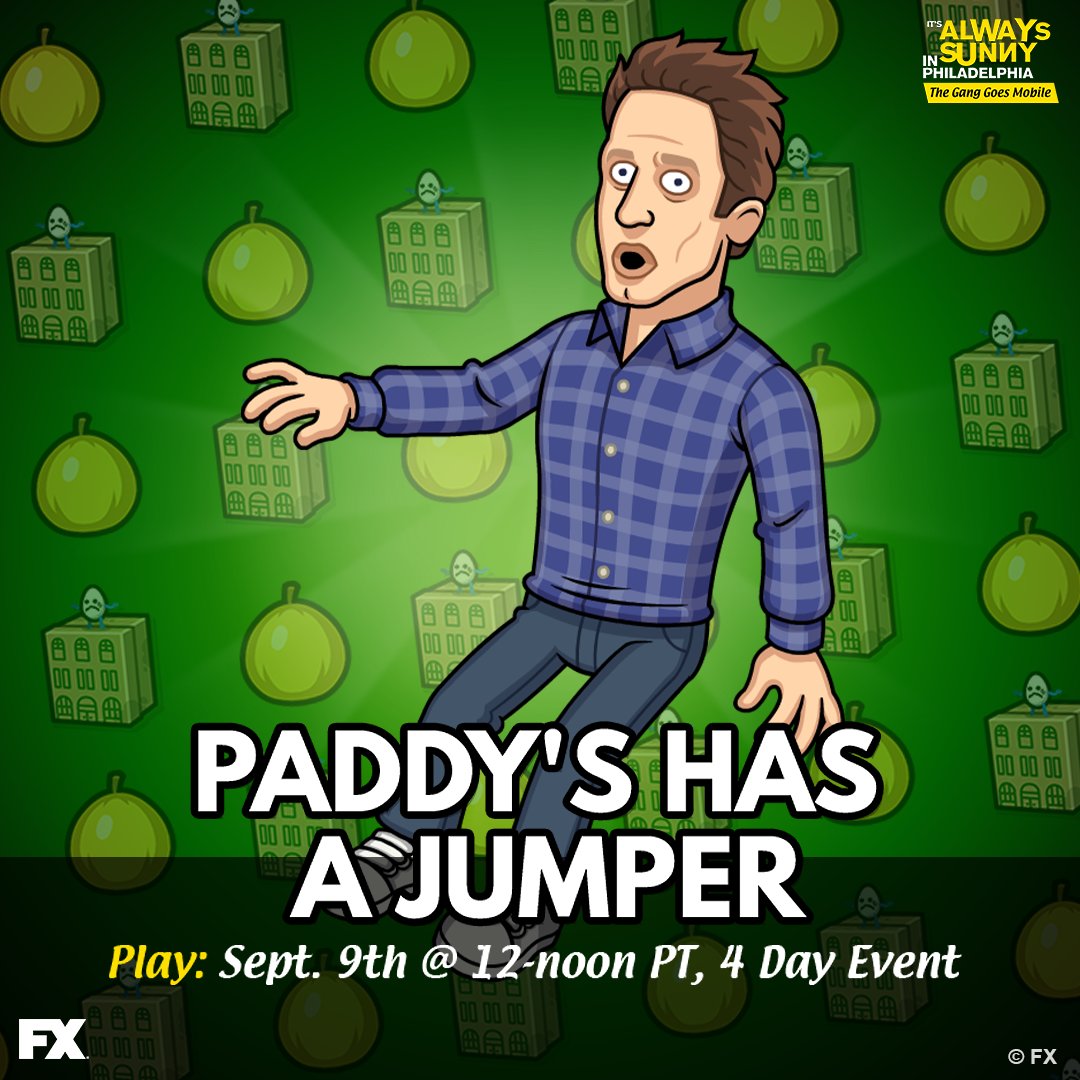 AlwaysSunnyGame's tweet image. Could he? Would he? Should we? The Gang ponders the big questions in life while trapped inside Paddy's. Play in "Paddy's Has a Jumper" tomorrow and unlock Doll Dennis!