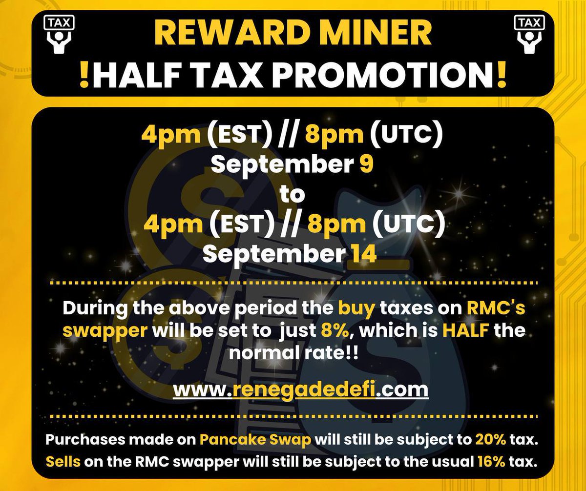 HALF TAX BUY DAY ON RENEGADE SWAP!
8% BUY TAXES 4PM (EST) SEPTEMBER 9TH TO 4PM (EST) SEPT. 14TH
STARTS SOON!  ONLY ON RENEGADE SWAP!
bit.ly/3cN6ulh