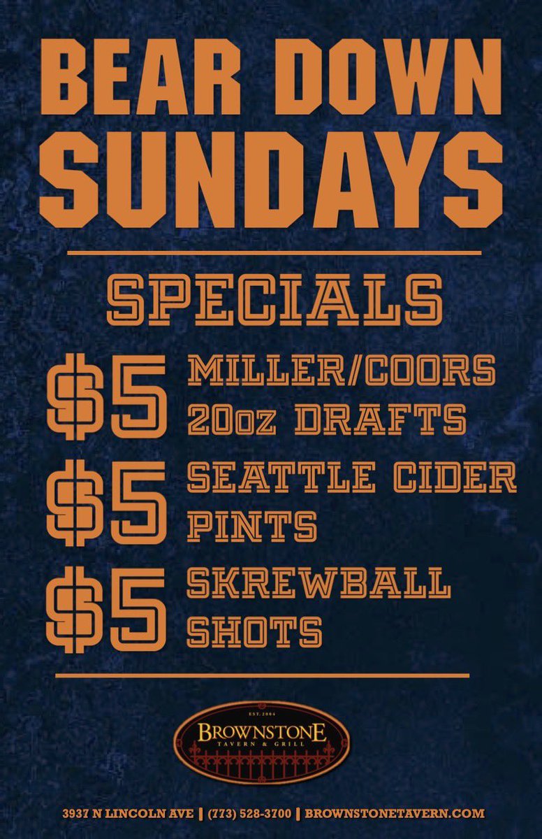 BrownstoneChi's tweet photo. BEAR DOWN! 🐻
$5 Specials every Bears Sunday 🏈 https://t.co/eWn75AJTKY