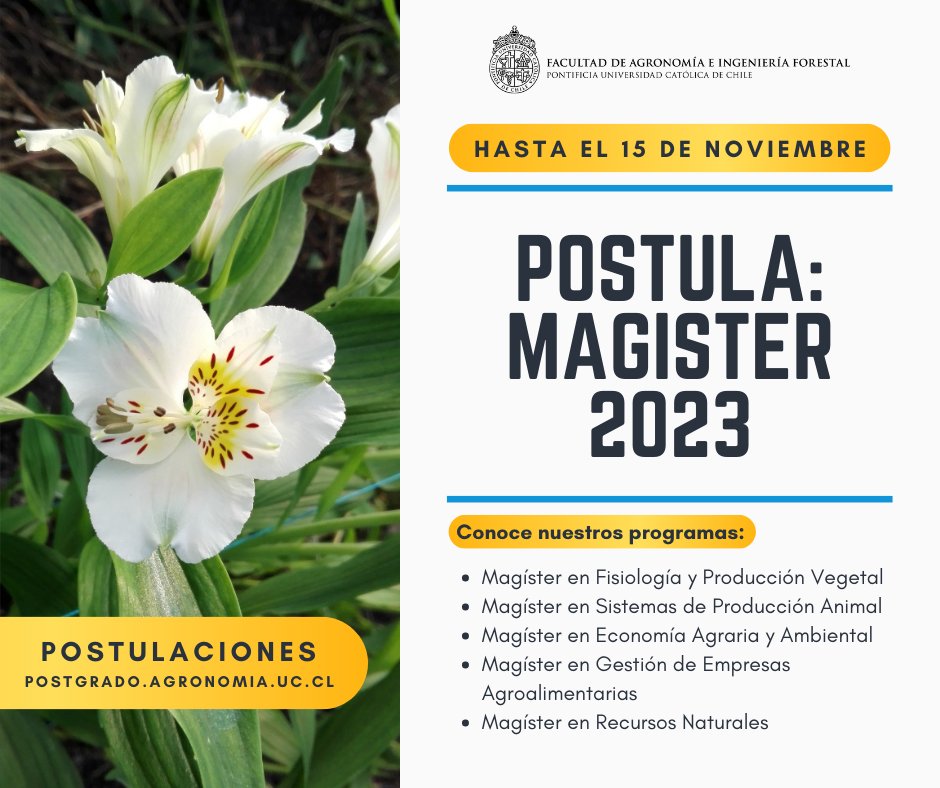 #AdmisiónPostgradoFAIF | ¡Ya están abiertas las postulaciones a nuestros programas de magíster!

Conoce nuestros programas en postgrado.agronomia.uc.cl/magister