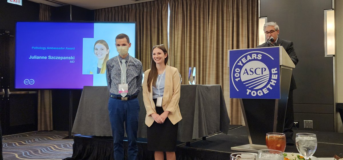 EviAbadaMD's tweet photo. Our Pathology Ambassadors are at the center of our outreach efforts in promoting Pathology to Medical students. Congratulations to Dr. @JulianneSzczep1 & Dr. Kelley on receiving the Pathology Ambassador award at #ASCP100! @ASCP_Chicago Resident Council celebrates you!! #ASCPResCo https://t.co/uR8XLVydtB