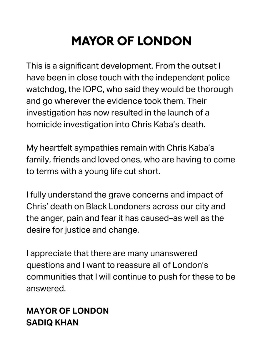 The IOPC have launched a homicide investigation into Chris Kaba’s death. My statement: