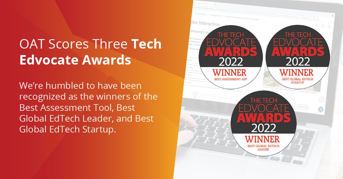 TAOTesting's tweet photo. OAT just scored 3 #TechEdvocate Awards! We're humbled to be recognized as the winners of Best Assessment App or Tool and Best Global EdTech Startup, and are thrilled to congratulate our Co-founder & CEO Marc Oswald for winning Best Global EdTech Leader. https://t.co/iUhUerBqnP https://t.co/2ran6jwbRT