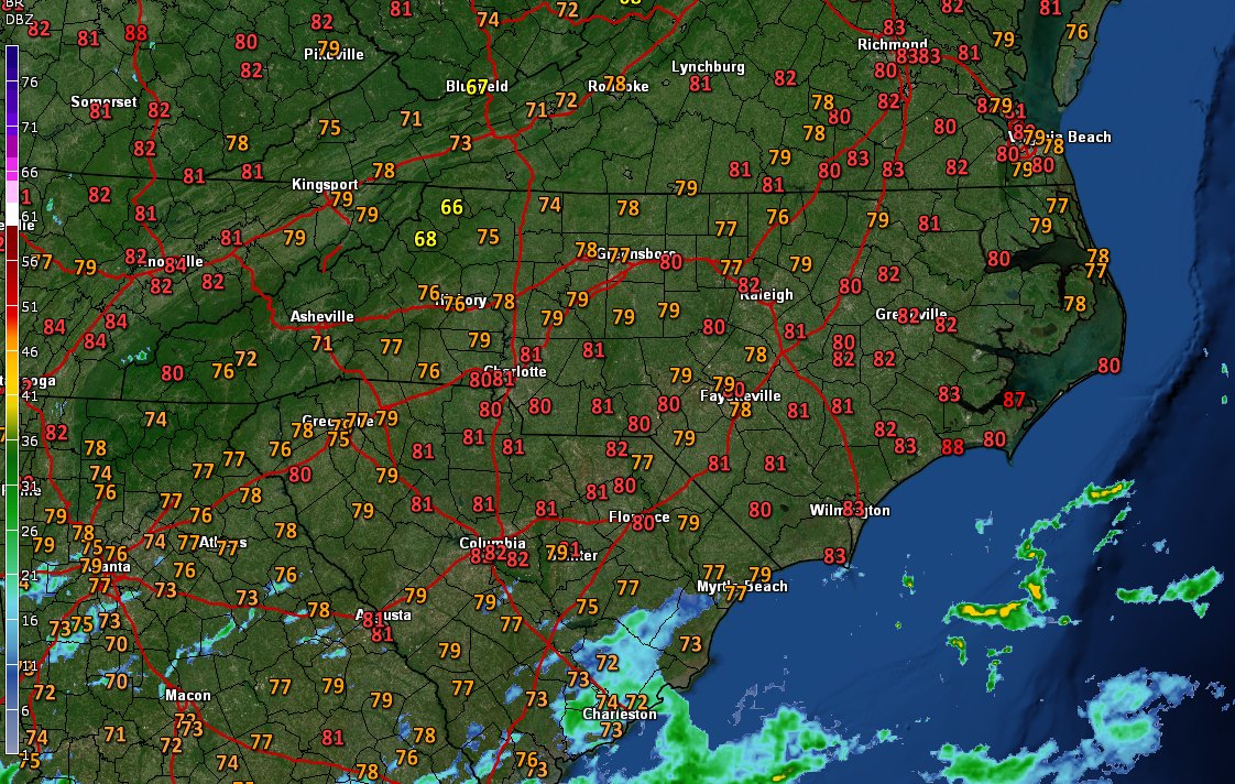 250 pm: Mid afternoon temperatures range in the upper 70s to lower 80s across much of central NC with a mix of clouds and sunshine. Dry weather is expected into the evening hours. #ncwx