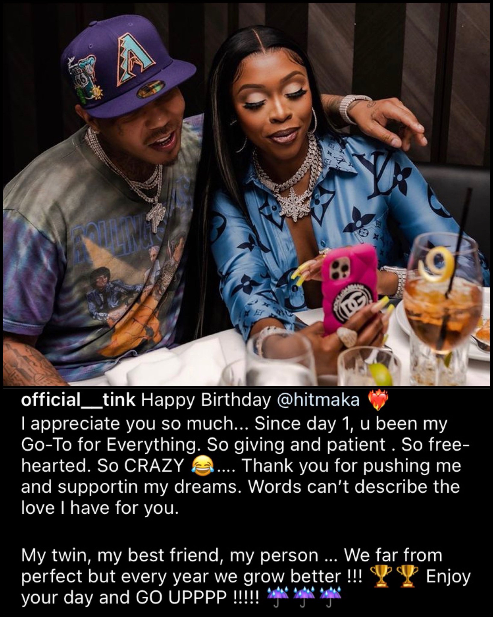 Tink wishing her twin/best friend Hitmaka (Yung Berg) a Happy 37th Birthday 