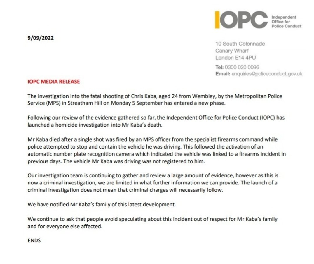 Chris Kaba was fatally shot by a firearms officer on Monday evening  in Streatham, following a pursuit. It has now been confirmed that no weapon was found in his car and that the car was not registered to him. The IOPC will now launch a criminal investigation.