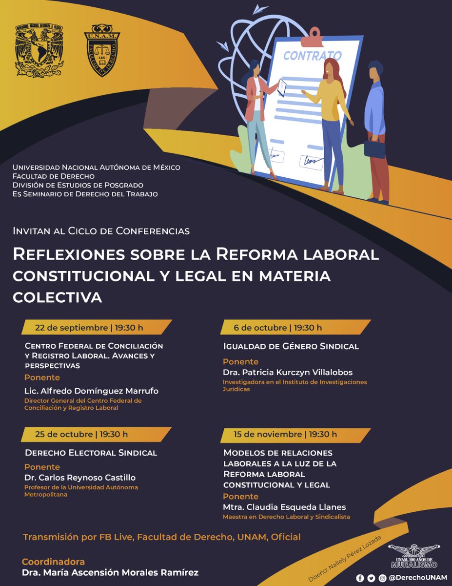 📠La principal función de un delegado sindical es controlar el cumplimiento de las distintas normas laborales, de Seguridad Social y prevención de riesgo, profundiza este tema con el Dr. Carlos Reynoso Castillo. 📆 25 octubre 🕕 19:30 h 📱facebook.com/DerechoUNAM