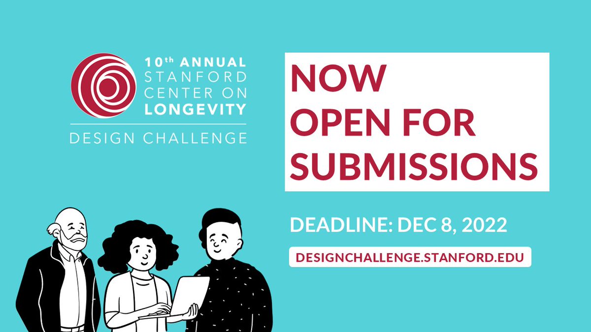 Stanford Center on Longevity Design Challenge (@stanfordlnglife) on Twitter photo 📢Submit a design idea today!
The 2022-2023 <a href="/LongevityCenter/">Stanford Center on Longevity</a> Design Challenge, "Optimizing Health Span: Living Well at Every Age" is now open for submissions!
Learn more and submit a design: designchallenge.stanford.edu
#healthspan #longevity #design 📢Submit a design idea today!
The 2022-2023 <a href="/LongevityCenter/">Stanford Center on Longevity</a> Design Challenge, "Optimizing Health Span: Living Well at Every Age" is now open for submissions!
Learn more and submit a design: designchallenge.stanford.edu
#healthspan #longevity #design