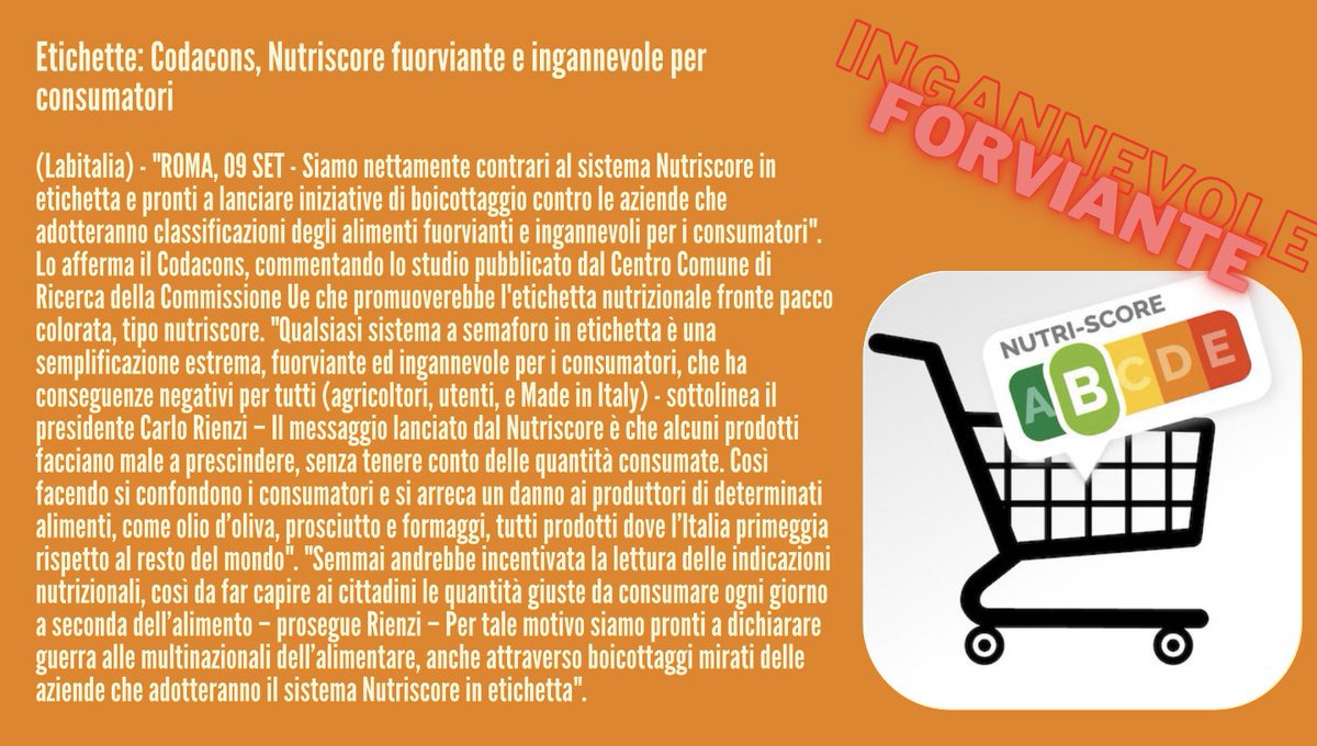 paolodecastro's tweet photo. #Etichette #Codacons, #Nutriscore fuorviante e ingannevole per consumatori 🇮🇹🇪🇺 https://t.co/Q9zuTJ6zp5