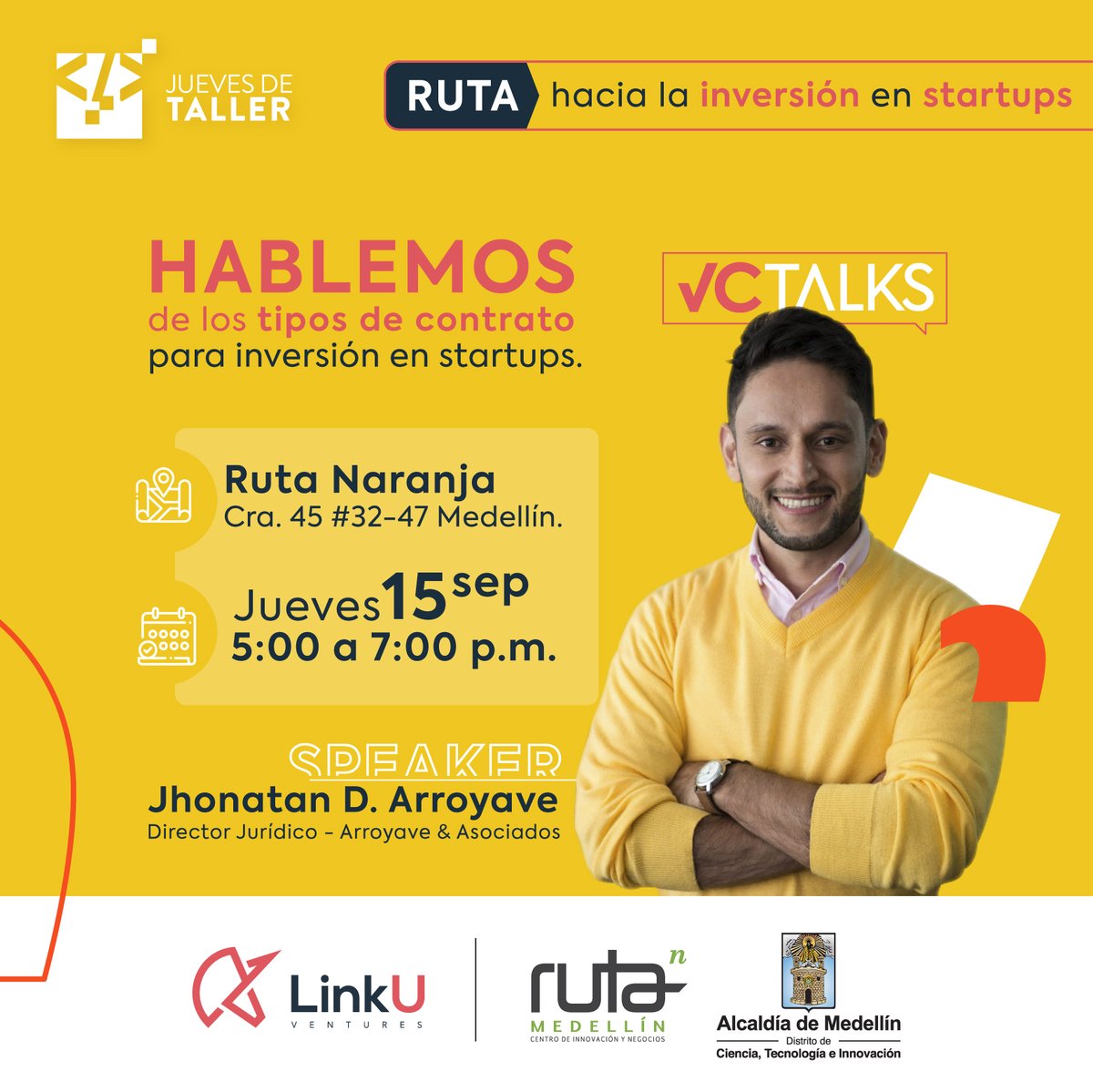#Taller | ¿Estás buscando invertir y no tienes ni idea cómo hacerlo? 🧐 Con <a href="/LinkuVentures/">LinkU-Ventures</a> te mostraremos la ruta hacia la inversión en Startups. 

Nos vemos este 15 de septiembre en #JuevesDeTaller para comenzar con nuestro VC Talks.

Inscríbete 👉🏽 bit.ly/JuevesDeTaller…