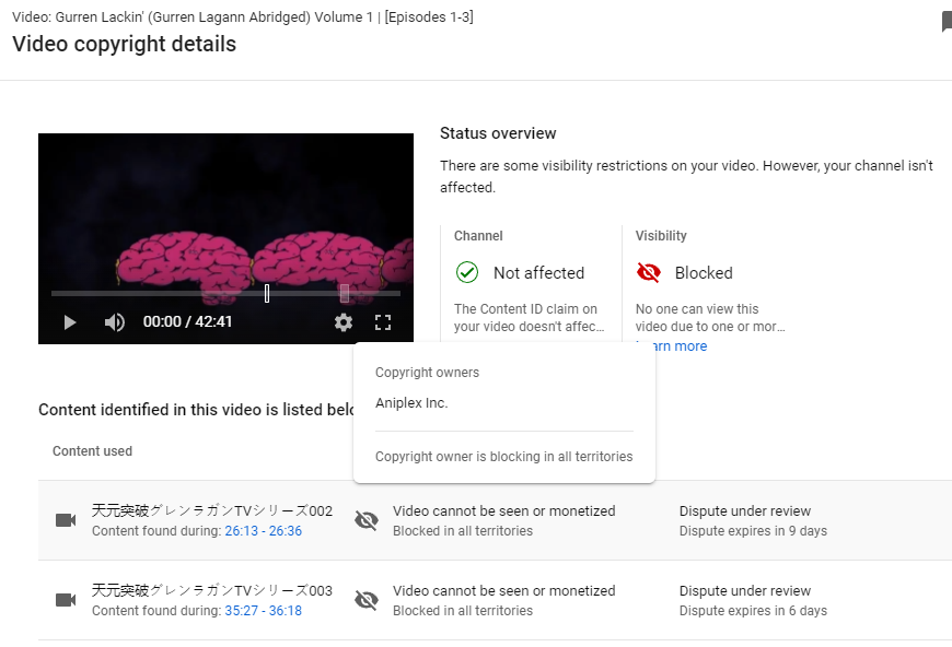 BridgeBrains's tweet photo. Hey @TeamYouTube @YouTube, investigate this pls?
The dispute expiration time did go down after the 1st pic, but has since then shot up multiple times.
This is either a big glitch, or Sony/Aniplex is again abusing the system.
This vid was unblocked before the 1st pic occured, js. https://t.co/y1PEul1TB7