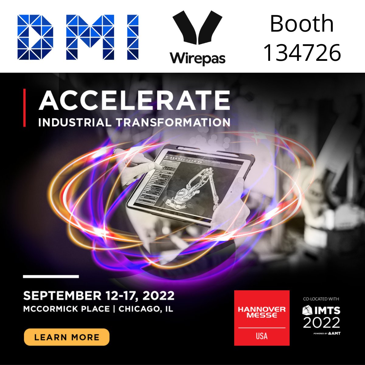 Find DMI with partner <a href="/Wirepas/">Wirepas</a> @HannoverMesseUS in Chicago next week, Sept 12-17 for a look at what's next for #IoT in Industry 4.0. #manufacturingtechnology #assettracking #machinelearning #machinemonitoring #oee #industry40