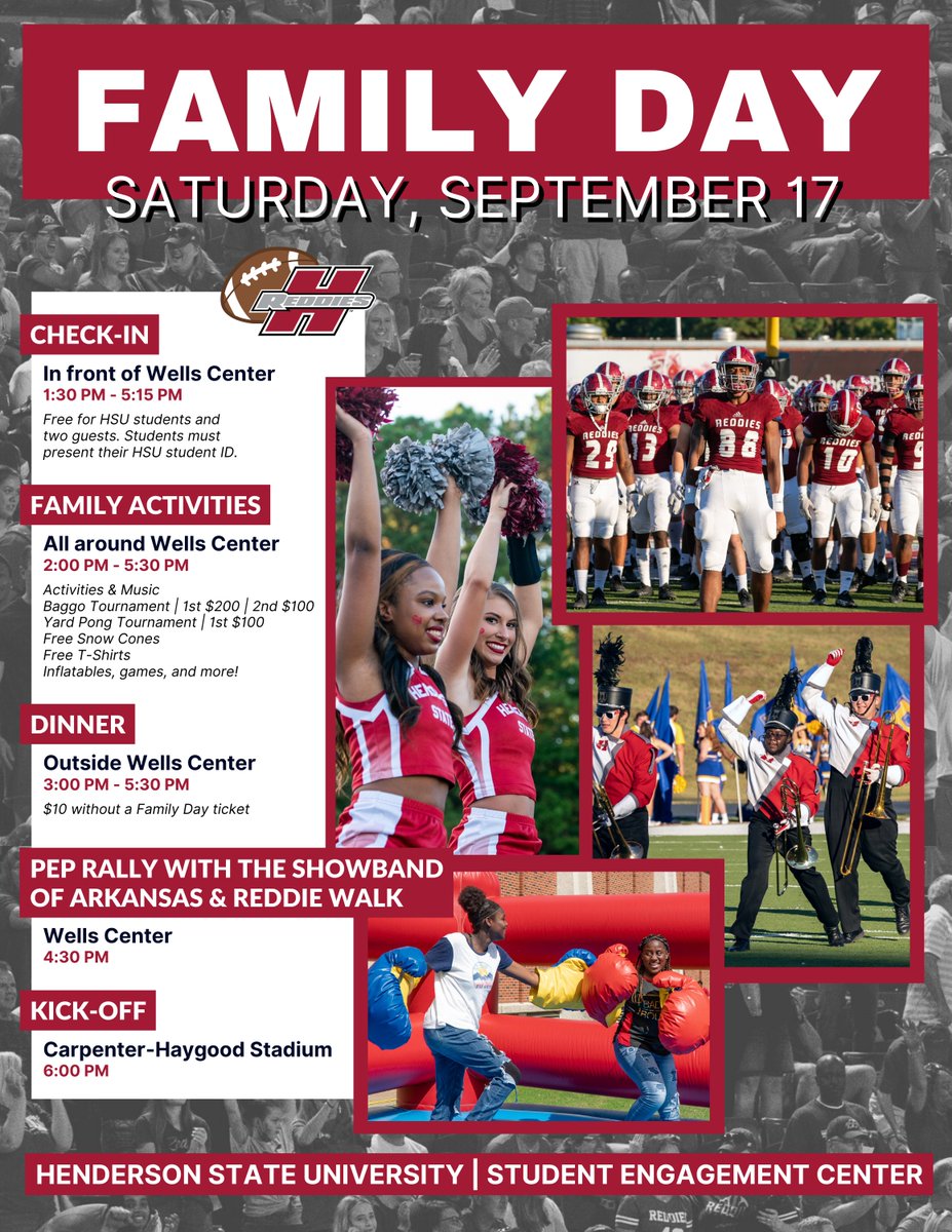 HSU_SEC's tweet photo. Reddies, we have a lot to celebrate next week here at @HendersonStateU 
Join us for one or all of our events!!!
#Reddie4WhatsNext #ConstitutionWeek #HHMKickOff #FamilyDay https://t.co/89vLY5ll97