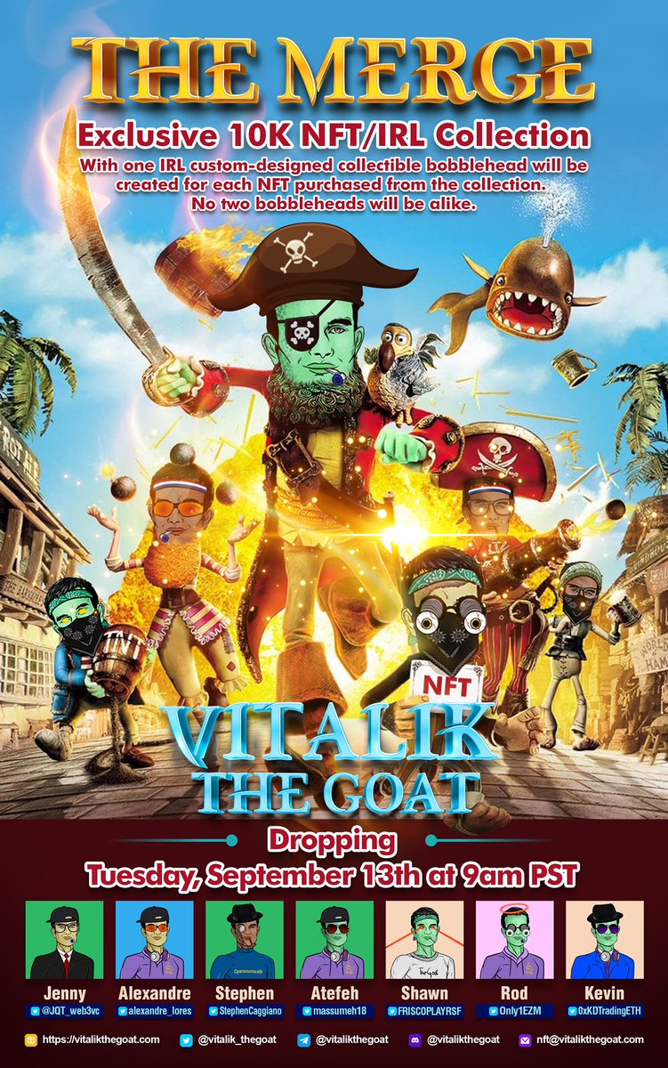 RodSoCold's tweet image. 🚨 @vitalik_thegoat #NFTProject is here❗️JUST IN TIME FOR THE #ETH MERGE 😱 LFG 🔥❗️

🚀 10,000 #NFTs w/ fire traits 👕
🚀 IRL bobble head w/ each NFT 🔥
🚀 Experienced &amp;amp; dedicated team ✅
🚀 Full roadmap 🗺

✨ DROPPING 9/13/2022 ✨

Join the community 👇🏽
discord.gg/HhqXfTF8fJ