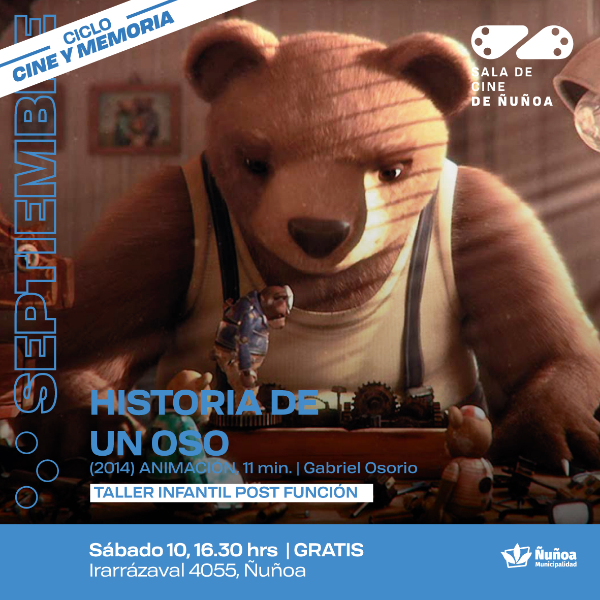 culturanunoa's tweet photo. ✨¡ES HOY!✨
🙋🏻♀️ Recuerda que luego de la proyección del cortometraje "Historia de un Oso", sus realizadores impartirán un taller de animación infantil para las y los asistentes.
🍿 Te esperamos en la Sala de Cine de #Ñuñoa, ubicada en Irarrázaval 4055, para #VolverAMirarnos 🌹 https://t.co/qO2oYqH8tE