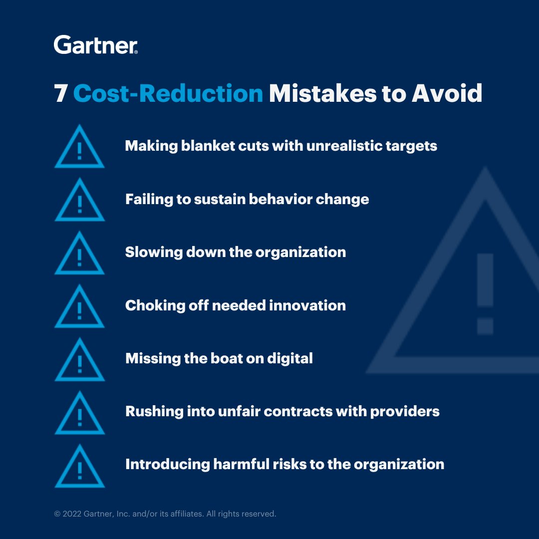 Gartner_inc's tweet photo. Cost reductions may soon be needed. Avoid these 7️⃣ common errors that reduce spending in the short term but threaten enterprise objectives in the longer term: https://t.co/brpkmWJbg6
#CostOp #SmartSpending https://t.co/zN0pXcJqab