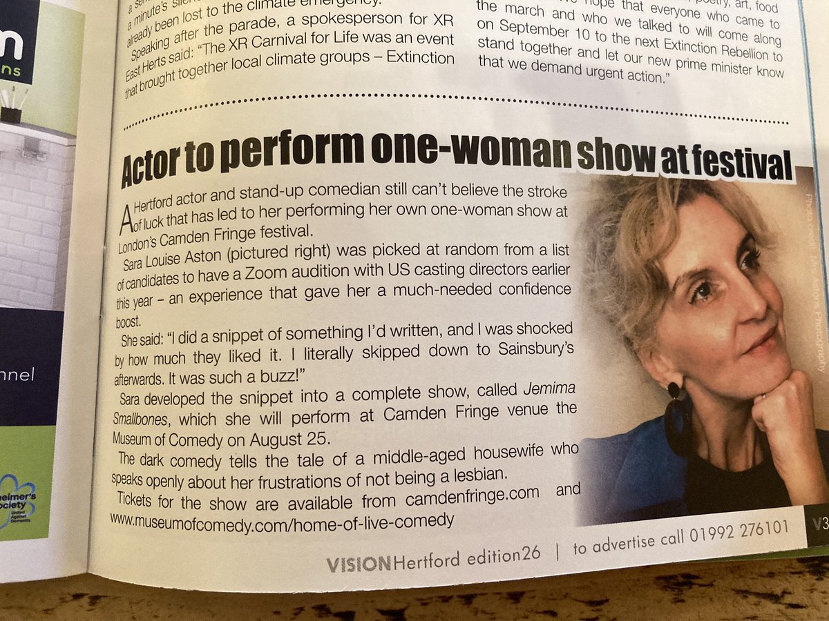 comedyloulou's tweet photo. FINALLY!
I now hv a copy of #visionmagazine 2send 2my mum.These mags R hard 2get hold of &amp; my dear friend Karen gave me her copy💗
#jemimasmallbones #onewomanshow #hertfordactress #theatre #livetheatre #acting #localactress #localwriter #actorslife #actorsworld #createyourownpr https://t.co/QmKL6jbfek
