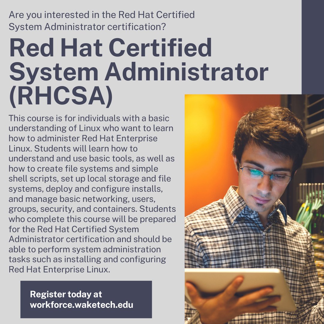 WakeTechWCE's tweet photo. According to @Burning_Glass, Wake County has a high demand for the Red Hat Linux skill. Our upcoming Red Hat Certified System Administrator (RHCSA) course will help prepare you for this certification and employment! #RH124 #RH134
💻Learn more & register: https://t.co/4JBiNR8ZQ7 https://t.co/MLJYZLnNq9