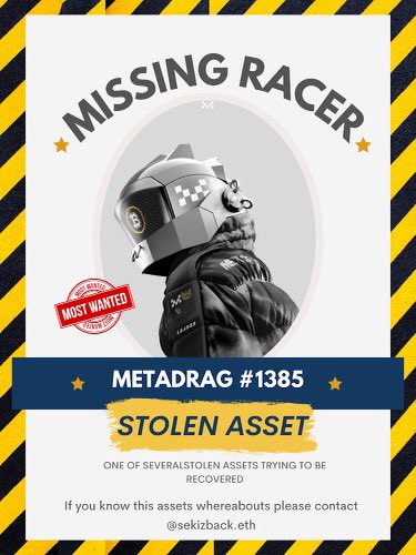 SpaceCadet856's tweet photo. 🚨 Stolen Racer Wanted 🚨

Unfortunately one of our community members bought this NFT, not knowing it was stolen just hours before

If you own this racer, please come into discord so we can figure something out 🙏🏻

Stay safe fam 🔒🏎💨 https://t.co/b0FSMDSRe5