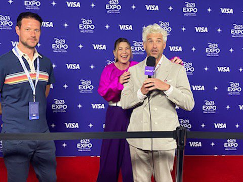 djkevlar's tweet photo. Patrick Dempsey just took my mic, interviewed Ellen Pompeo for 5 minutes, and declared himself the new host of Yahoo. 

Patrick Dempsey just stole my job. 

#D23Expo https://t.co/ctFfV0Xfun