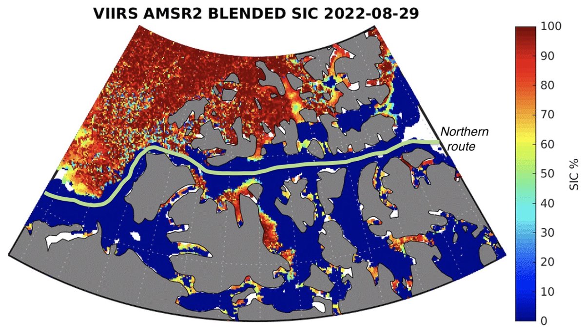 On 29 August 2022, satellite data revealed the opening of the northern route of the Northwest Passage (NWP). Sea ice area in the northern NWP route was well below average but above the 2011 record low. Read more at globalcryospherewatch.org/interesting/ar….