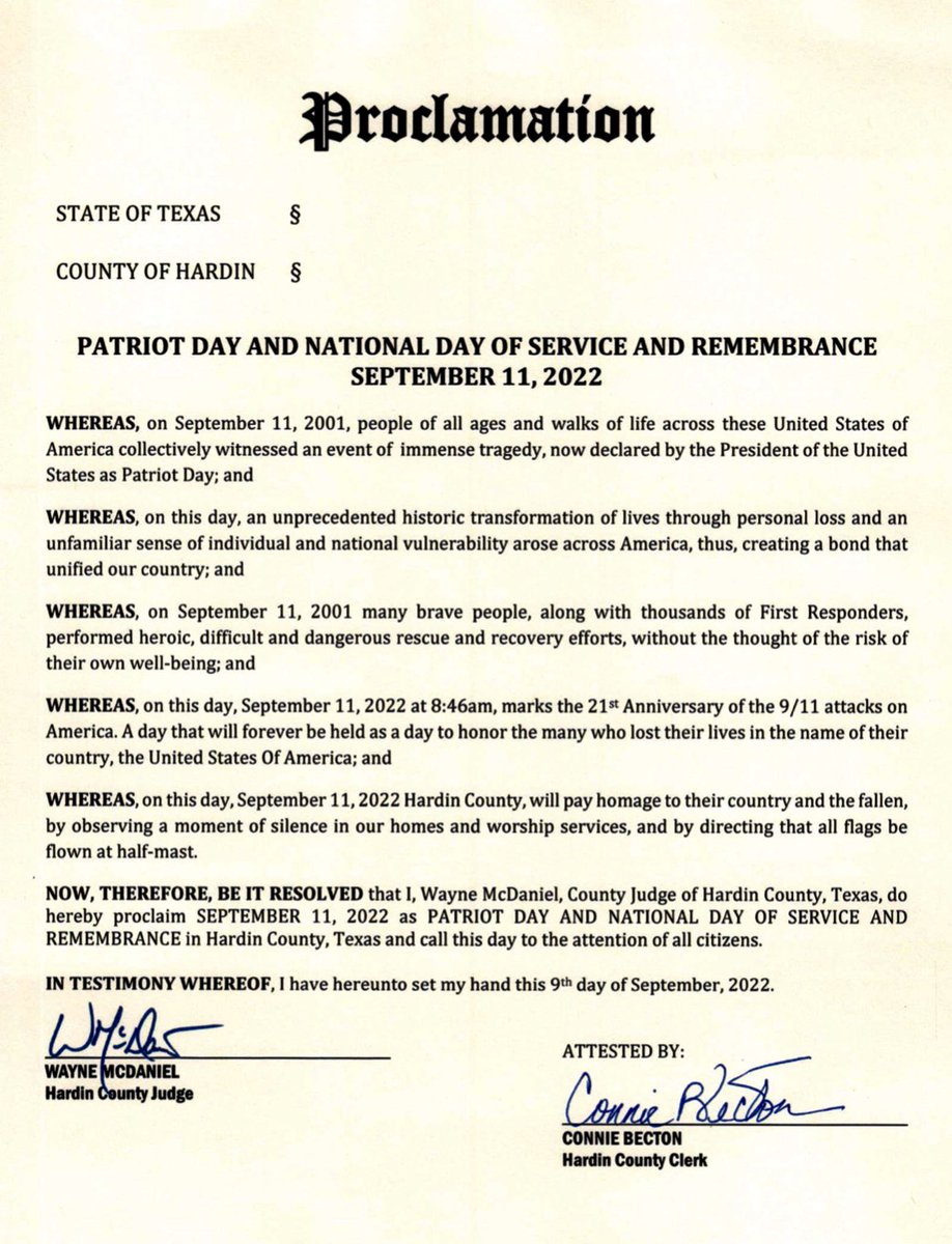 JudgeWM's tweet image. My #PatriotDay Proclamation. 

“We will not waver; we will not tire; we will not falter, and we will not fail. Peace and Freedom will prevail.” 
-George W. Bush