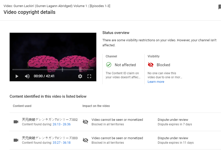 BridgeBrains's tweet photo. Hey @TeamYouTube @YouTube, investigate this pls?
The dispute expiration time did go down after the 1st pic, but has since then shot up multiple times.
This is either a big glitch, or Sony/Aniplex is again abusing the system.
This vid was unblocked before the 1st pic occured, js. https://t.co/y1PEul1TB7